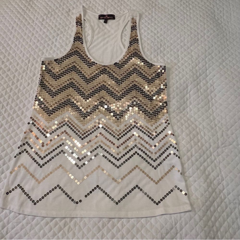 Almost Famous White and Gold Sequin Tank Top